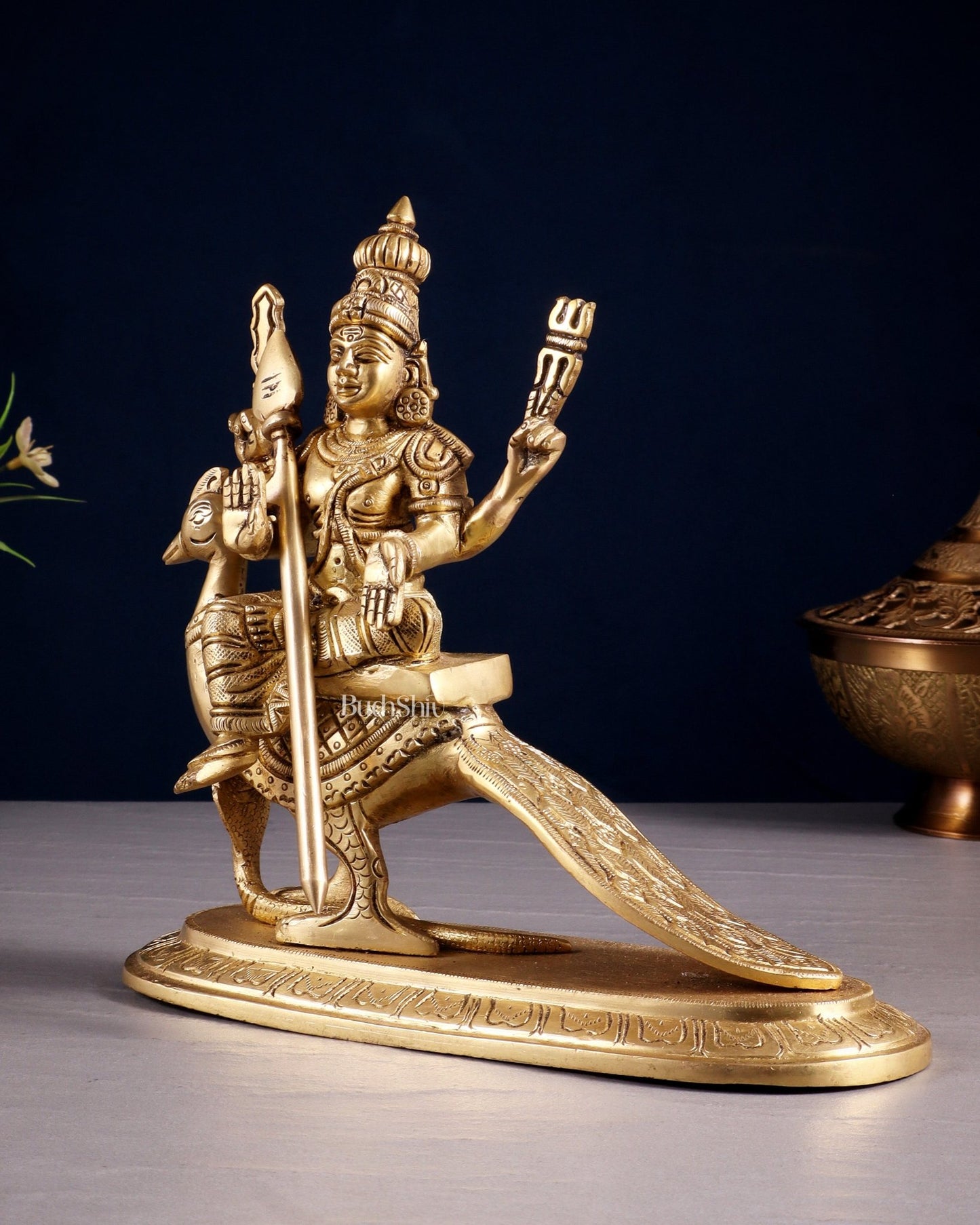 Pure Brass Lord Murugan (Kartikeya) Seated on Peacock Idol 8" - Budhshiv.com