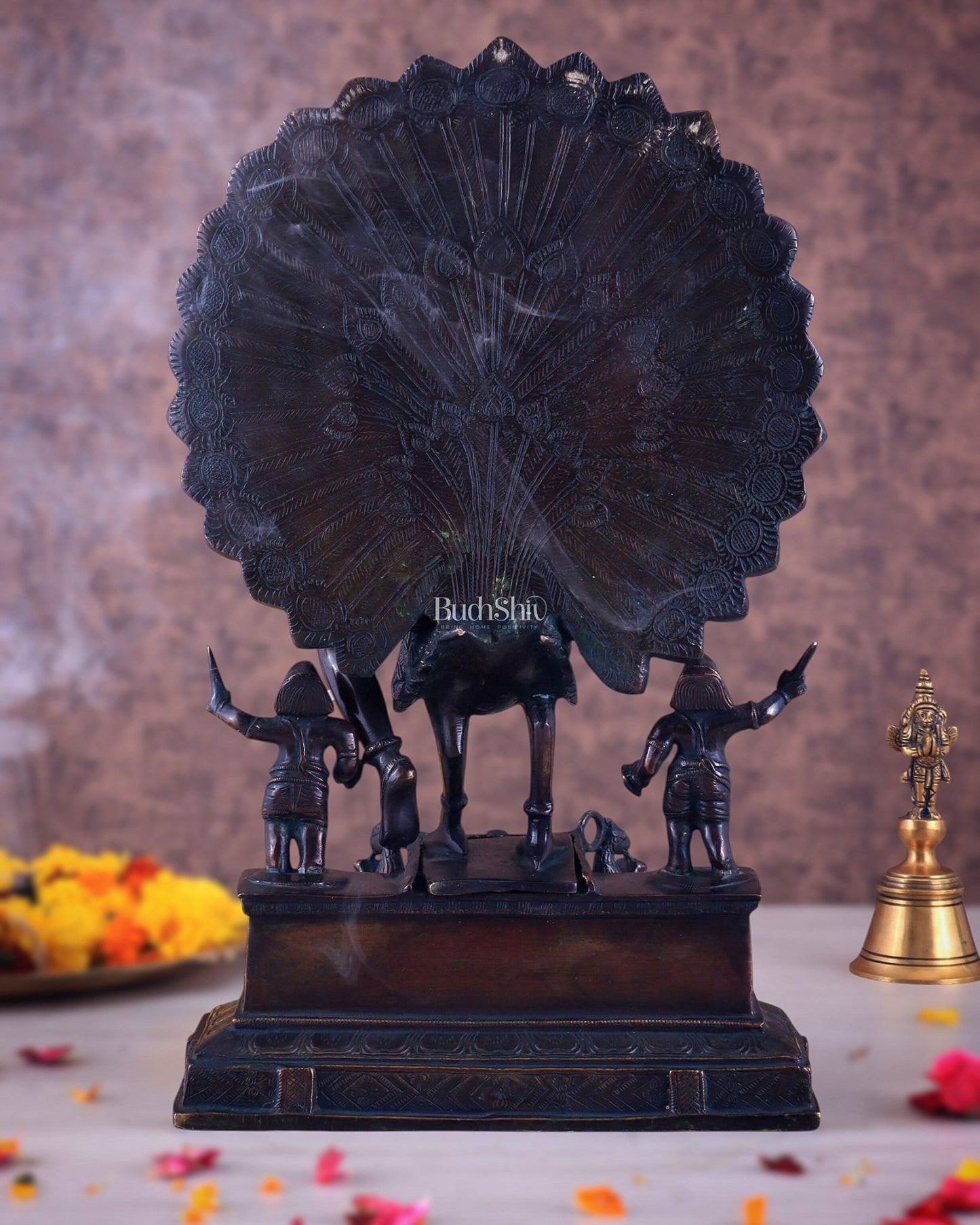 Pure Brass Lord Murugan Sitting on a Peacock Sculpture | Antique Bronze Tone 17" - Budhshiv.com