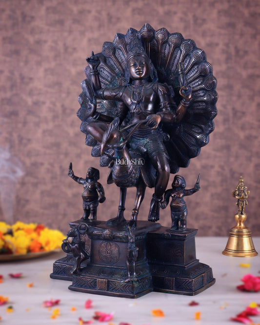 Pure Brass Lord Murugan Sitting on a Peacock Sculpture | Antique Bronze Tone 17" - Budhshiv.com