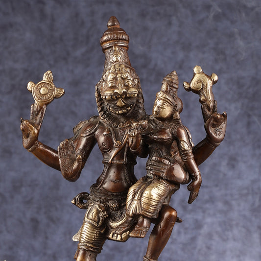 Pure Brass Lord Narsimha with Devi Lakshmi Idol - 12" Chola wash - Budhshiv.com