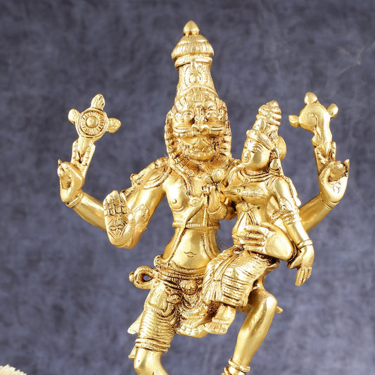 Pure Brass Lord Narsimha with Devi Lakshmi Idol - 12" - Budhshiv.com