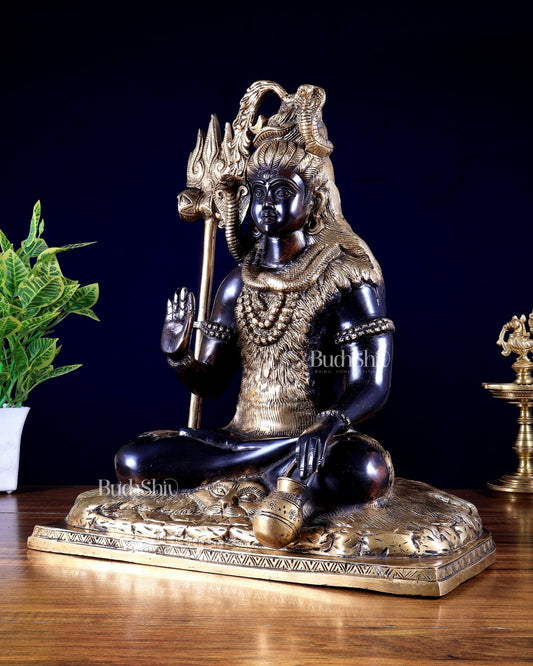 Pure Brass Lord Shiva Smiling Idol with Open Eyes 15" black gold - Budhshiv.com