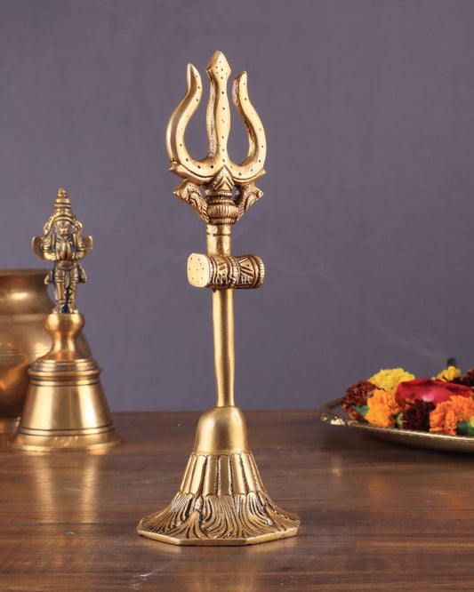 Pure Brass Lord Shiva's Trishul Statue – 11" Standing Table Decor - Budhshiv.com