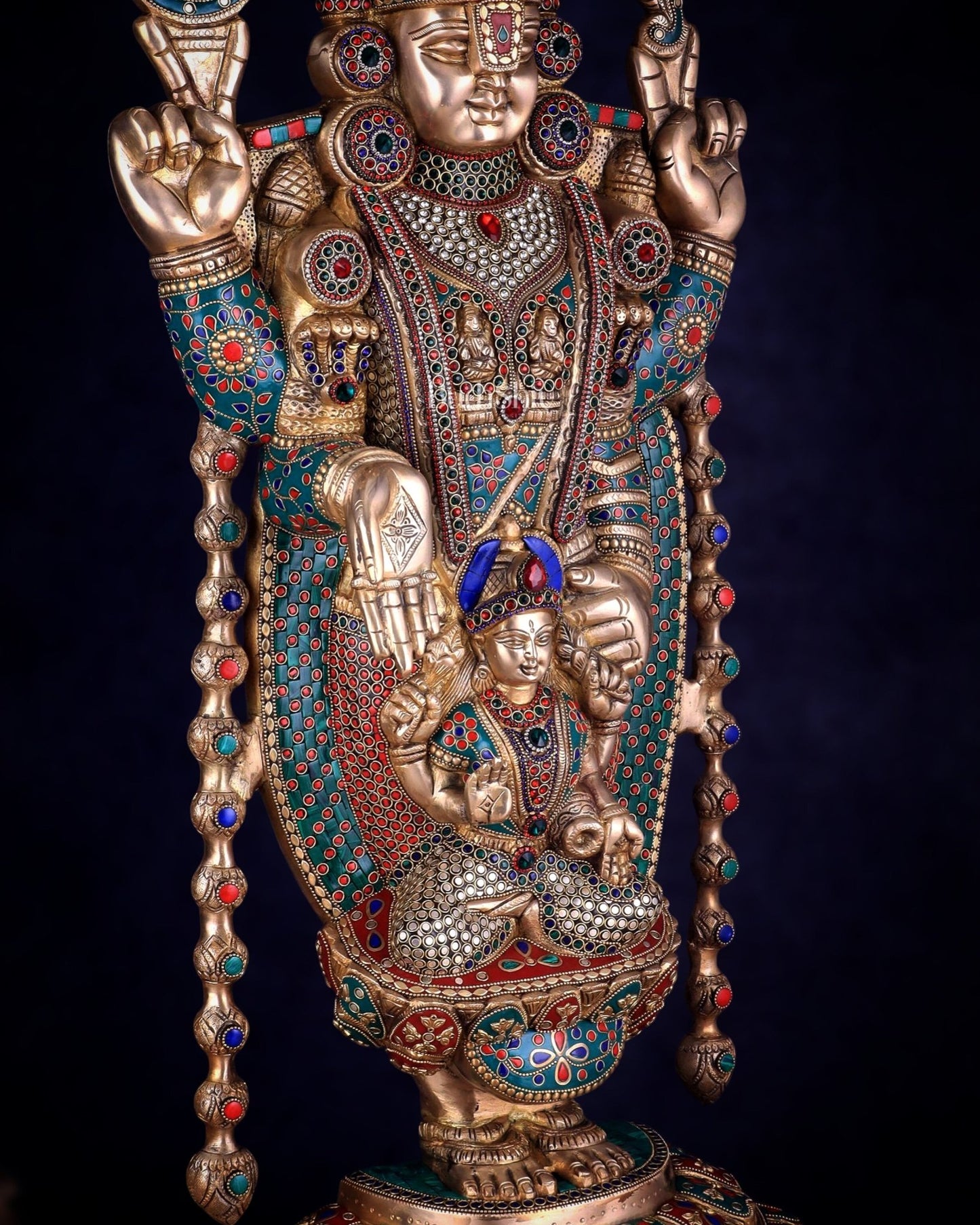 Pure Brass Lord Tirupati Balaji Statue with Goddess Padmavathi Engraved - 34.5 Inch meenakari - Budhshiv.com