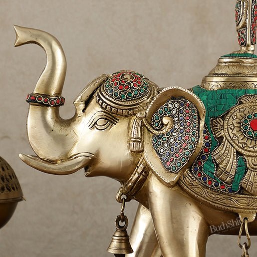 Pure Brass Lord Venkateshwara Swamy on Elephant with Fine Engravings & Stonework – 16.5 Inch - Budhshiv.com