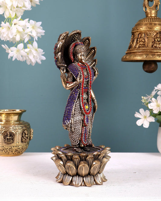 Pure Brass Lord Vishnu Standing with Sheshanaag jewel work 11.5 inch - Budhshiv.com