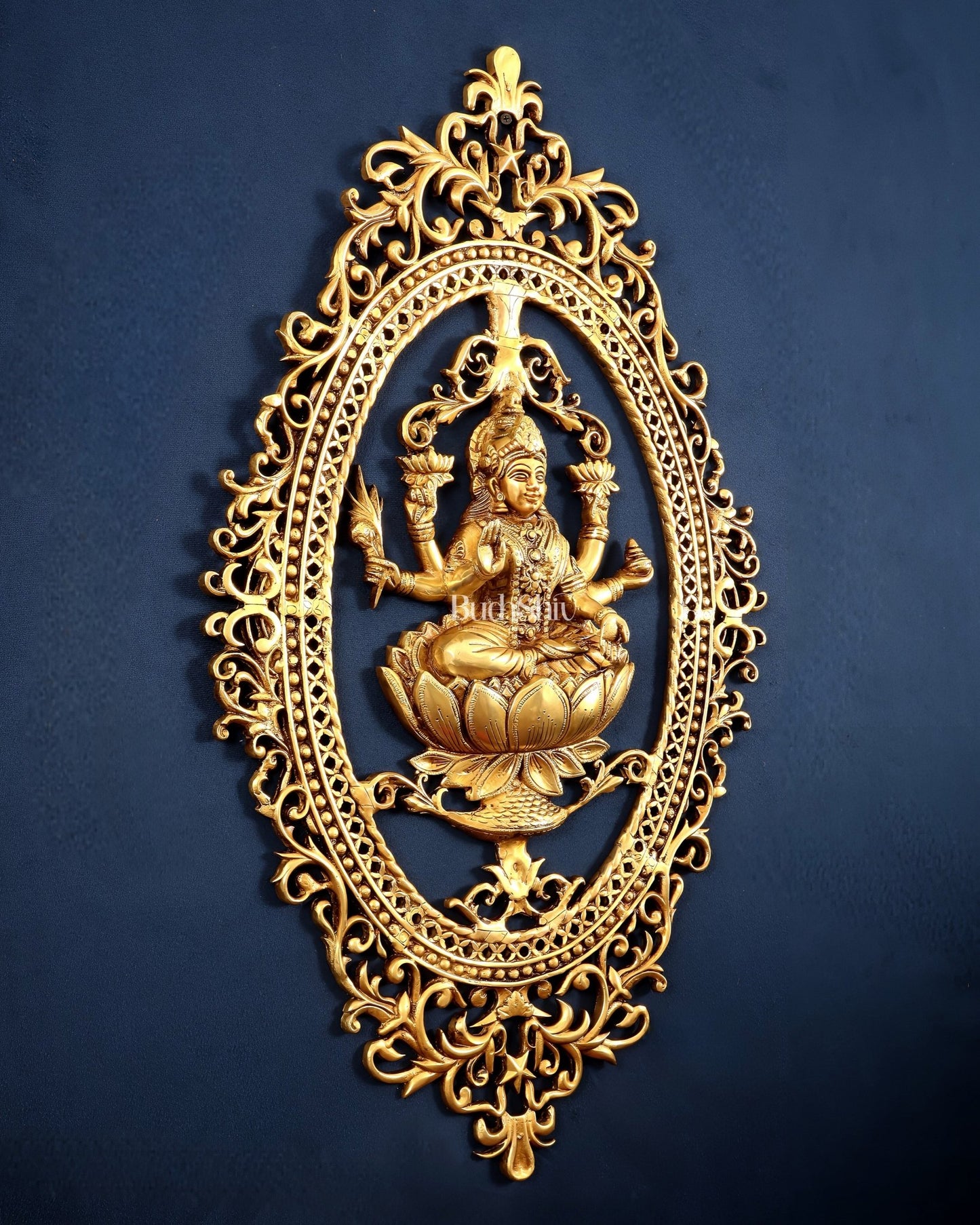 Pure Brass Lotus Lakshmi Wall Hanging Frame – Large 30" - Budhshiv.com