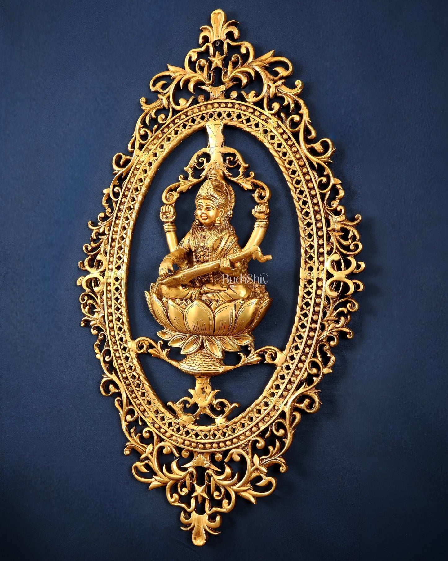 Pure Brass Lotus Saraswati Wall Hanging Frame – Large 30" - Budhshiv.com