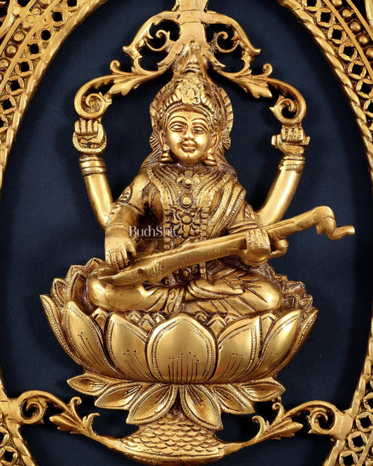 Pure Brass Lotus Saraswati Wall Hanging Frame – Large 30" - Budhshiv.com