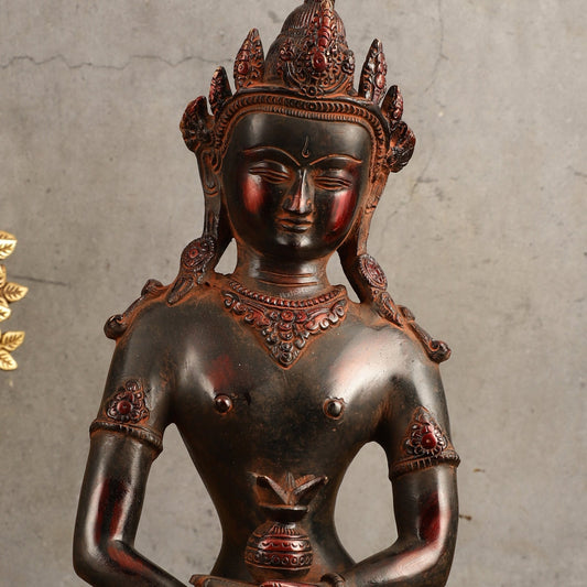 Pure Brass Meditating Buddha Statue - Antique Red Finish, 13" Height - Budhshiv.com