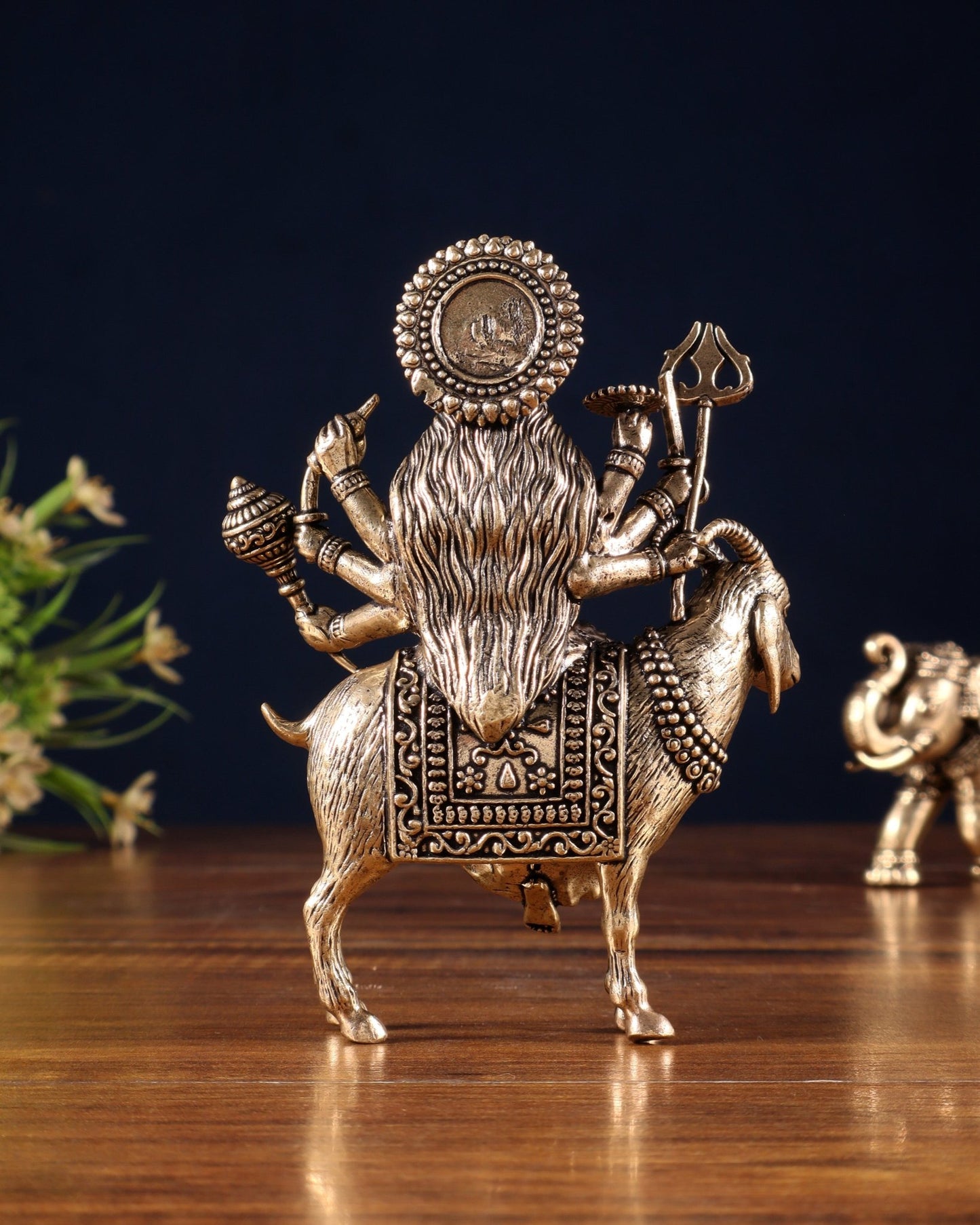 Pure Brass Meldi Mata idol seated on goat 5" - Budhshiv.com