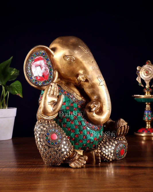Pure Brass Modern Ganesha Idol with Abstract Design and Stonework 9.5" - Budhshiv.com