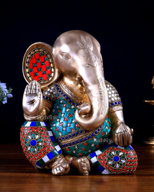 Pure Brass Modern Ganesha Idol with Abstract Design and Stonework 9.5" - Budhshiv.com