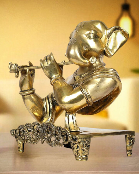 Pure Brass Modern Ganesha Playing Flute – Table Accent Sculpture (11 inch, 7.4 kg) - Budhshiv.com