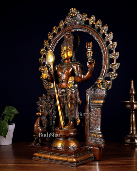 Pure Brass Murugan with Thiruvachi Prabhavali Arch 23 inch Double Chola Tone - Budhshiv.com