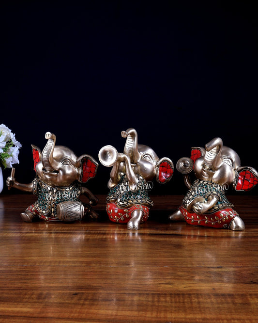 Pure Brass Musical Baby Elephants Set | 7 Inch Stonework - Budhshiv.com