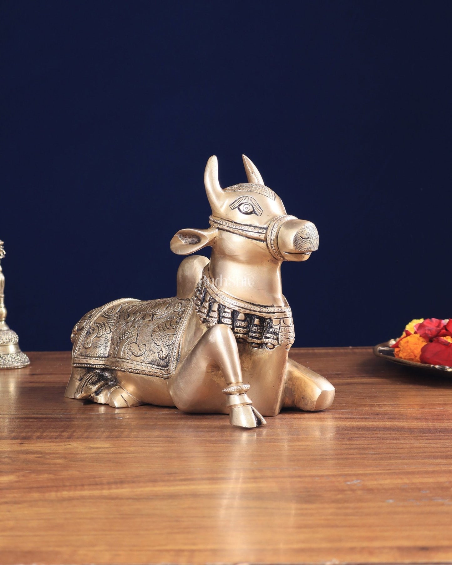 Pure Brass Nandi Bull Statue with Unique Lotus Carvings 10" - Budhshiv.com