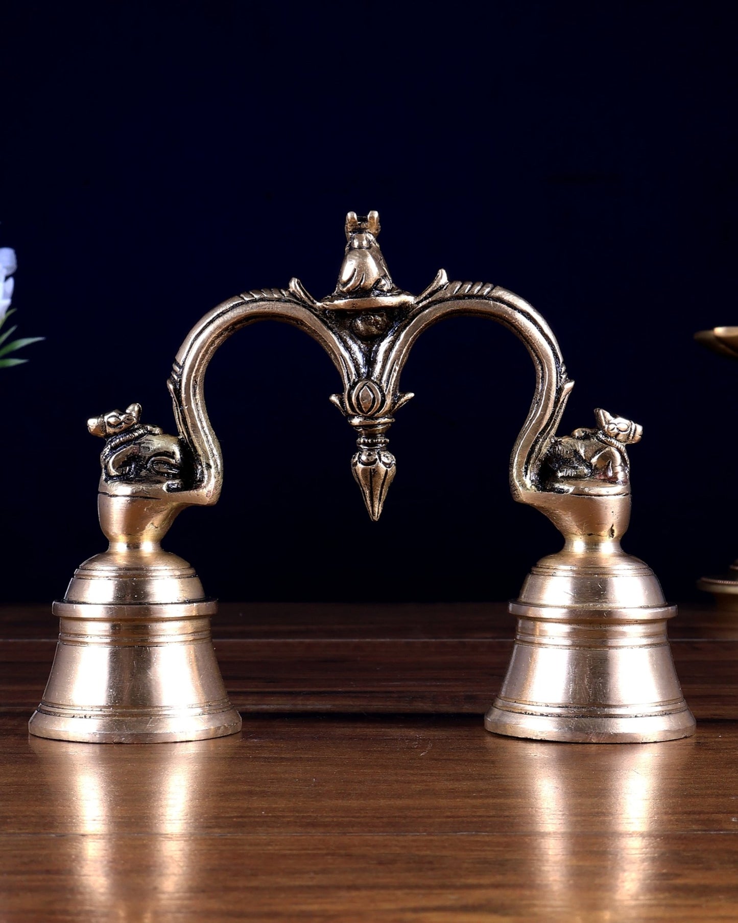 Pure Brass Nandi Design Double Hand Bell – Unique Temple Bell 6 inch - Budhshiv.com