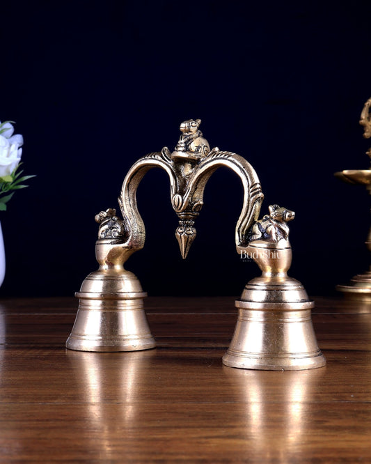 Pure Brass Nandi Design Double Hand Bell – Unique Temple Bell 6 inch - Budhshiv.com