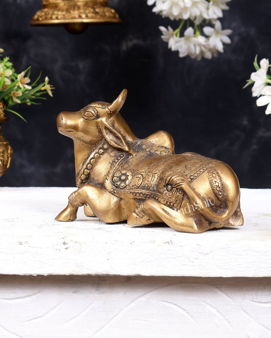 Pure Brass Nandi Idol in Antique Finish – 13 cm (6.7") - Budhshiv.com