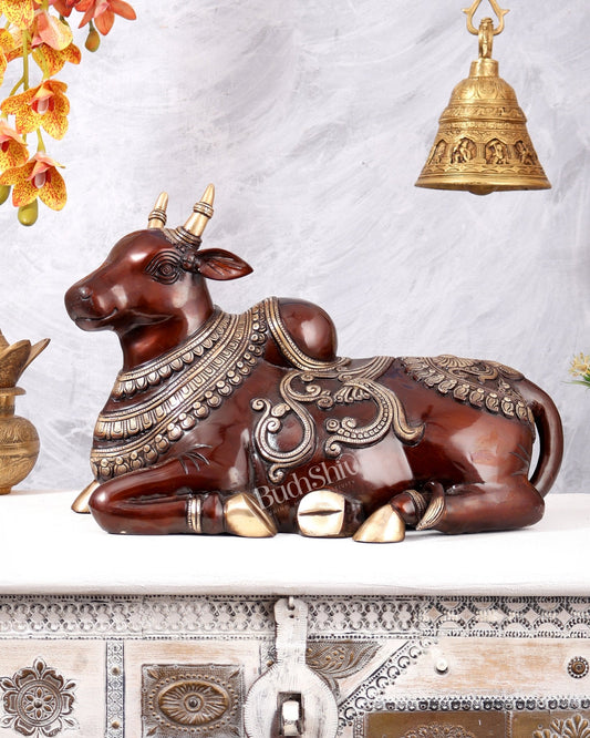 Pure Brass Nandi Statue | 18" Intricate Carvings Dual tone - Budhshiv.com