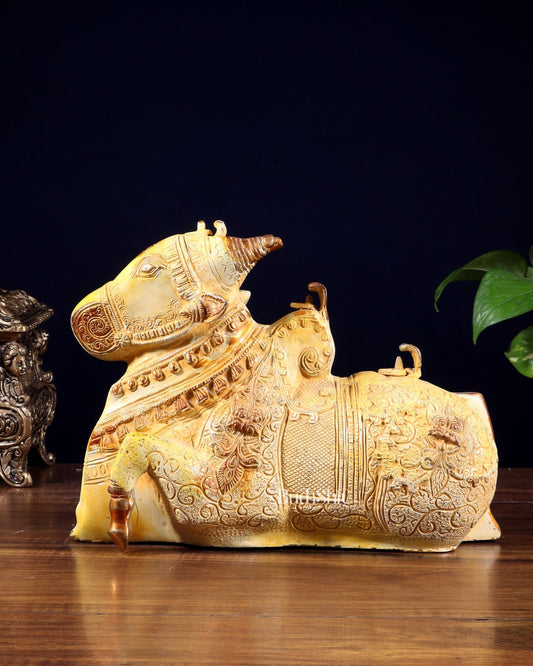 Pure Brass Nandi Statue Sand finish 11" wide - Budhshiv.com