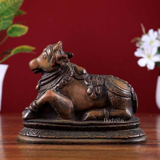Pure Brass Nandi Statue – Small Size | Chola Bronze Tone 5 inch - Budhshiv.com