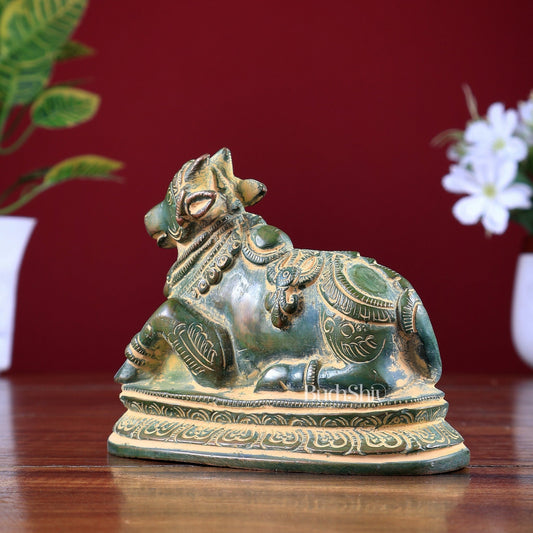 Pure Brass Nandi Statue – Small Size | Henna Green Sand Finish 5" - Budhshiv.com