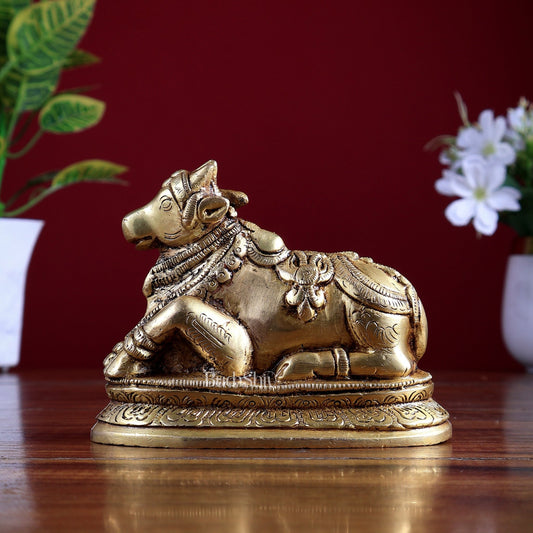 Pure Brass Nandi Statue – Small Size | Natural Brass Tone 5" - Budhshiv.com