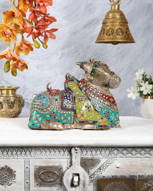 Pure Brass Nandi Statue with meenakari 11 inch - Budhshiv.com