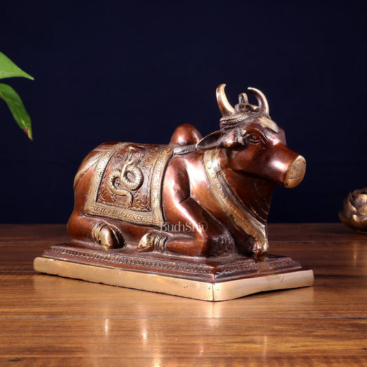 Pure Brass Nandi Statue with Shiva Lingam and vasuki Carvings – Copper Tone Finish 8.2" - Budhshiv.com