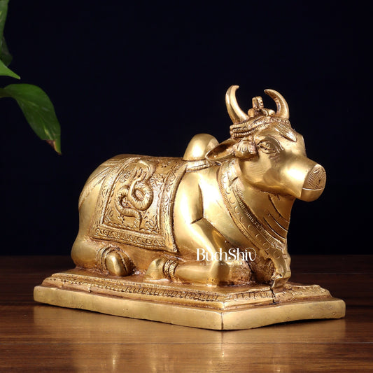 Pure Brass Nandi Statue with Shiva Lingam & Vasuki Carvings – Butter Gold Tone 8.2" - Budhshiv.com