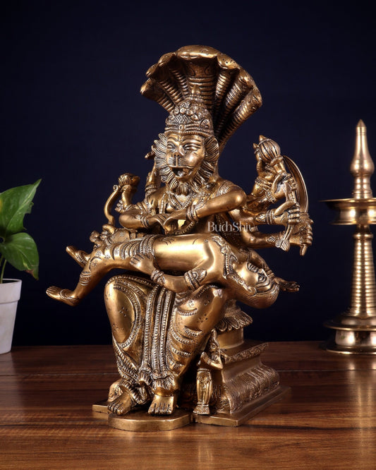 Pure Brass Narasimha hiranyakashap dhahan with bhakt Prahlad statue - 13 inch - Budhshiv.com