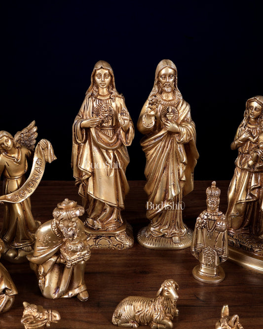 Pure Brass Nativity Set of 17 pcs – Intricately Carved Birth of Jesus Scene 7 inch - Budhshiv.com