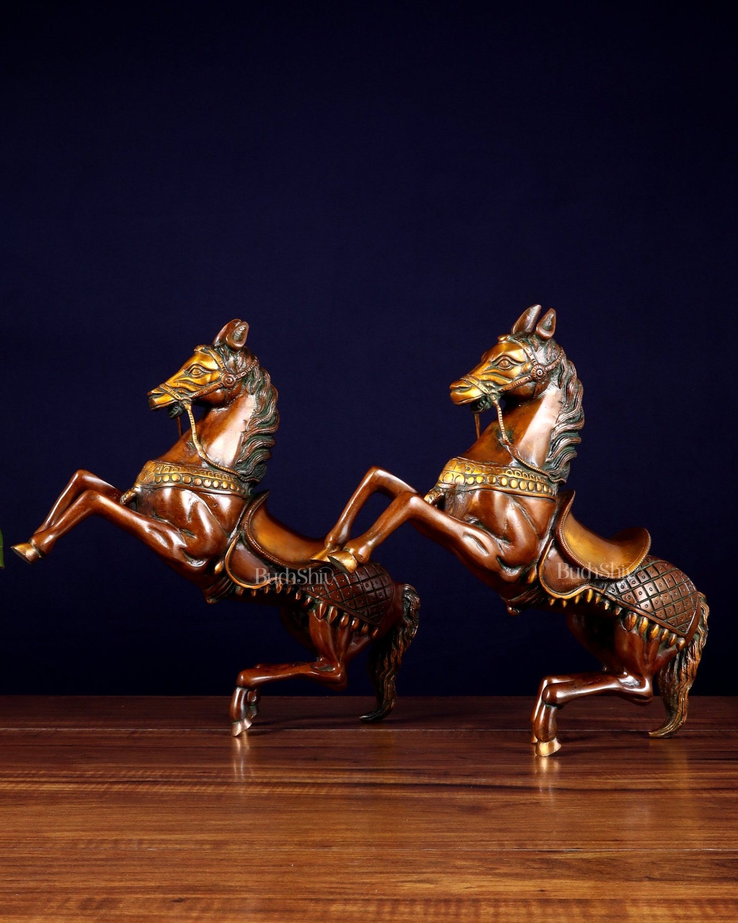 Pure Brass Pair of Horses with Raised Legs – Vintage Tone 11.5 inch each - Budhshiv.com