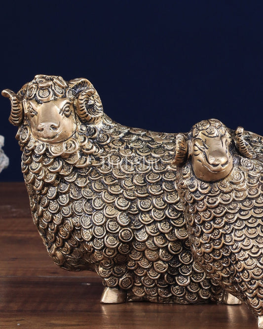 Pure Brass Pair of Intricately Carved Sheep Figurines (Vastu Recommended) - Budhshiv.com