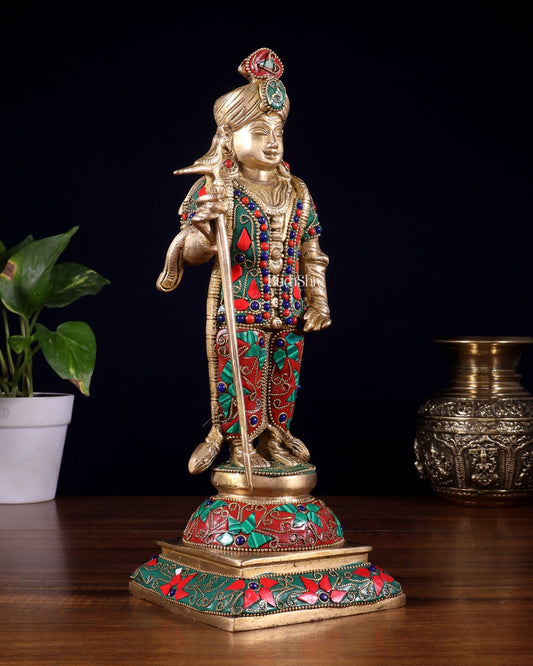 Pure Brass Palani Raja Alangaram Murugan Statue - 12" meenakari Stonework - Budhshiv.com