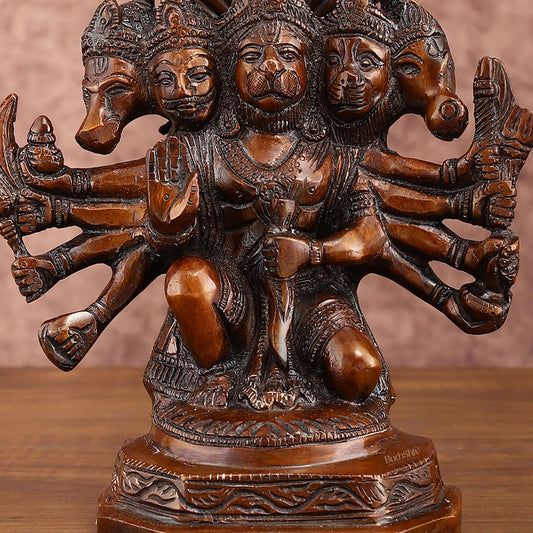 Pure Brass Panchmukhi Hanuman Statue | Deep Red Finish | 8 Inches - Budhshiv.com