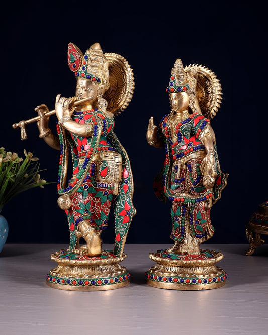Pure Brass Radha Krishna Idol with Floral Stonework – 12 Inch - Budhshiv.com