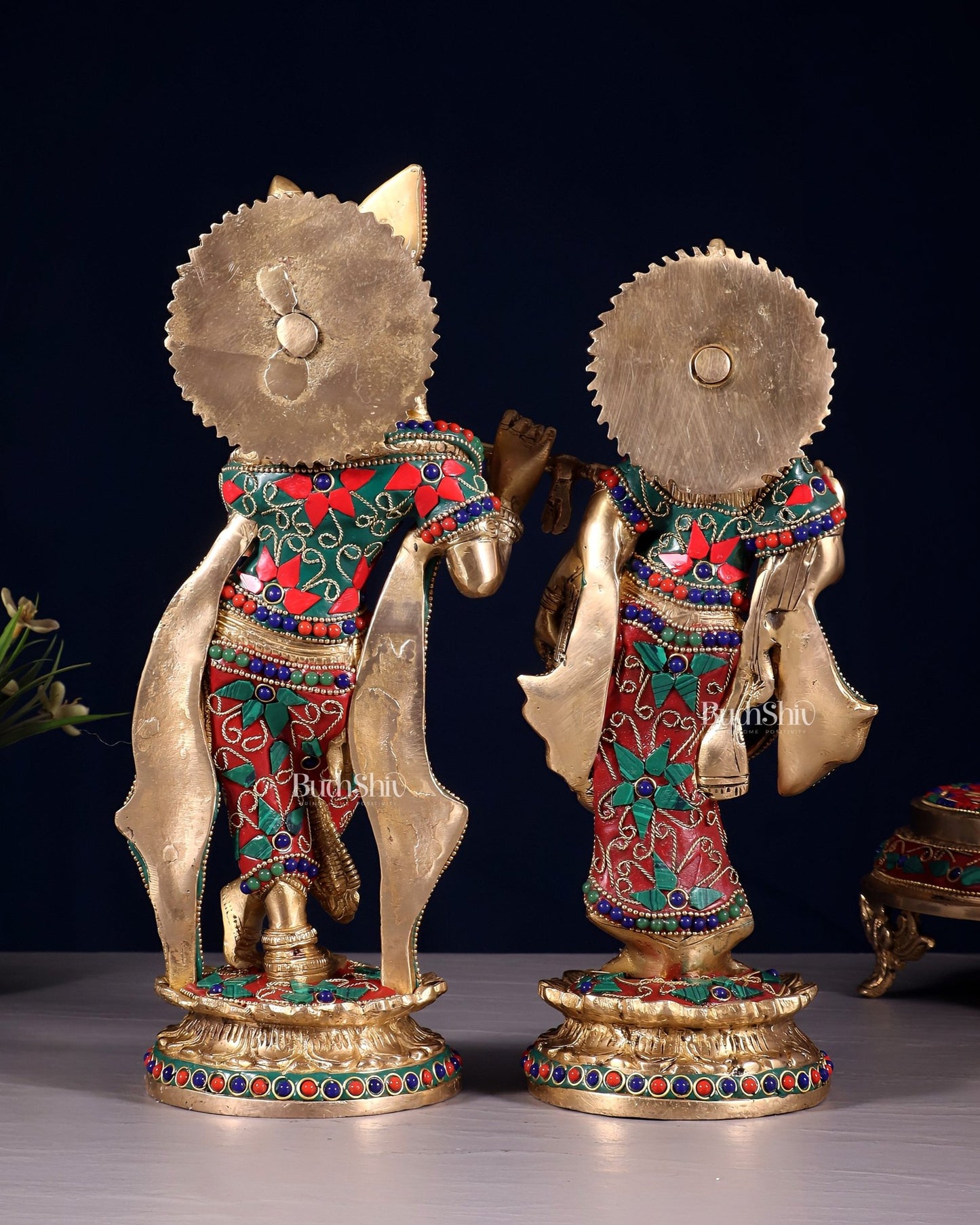Pure Brass Radha Krishna Idol with Floral Stonework – 12 Inch - Budhshiv.com