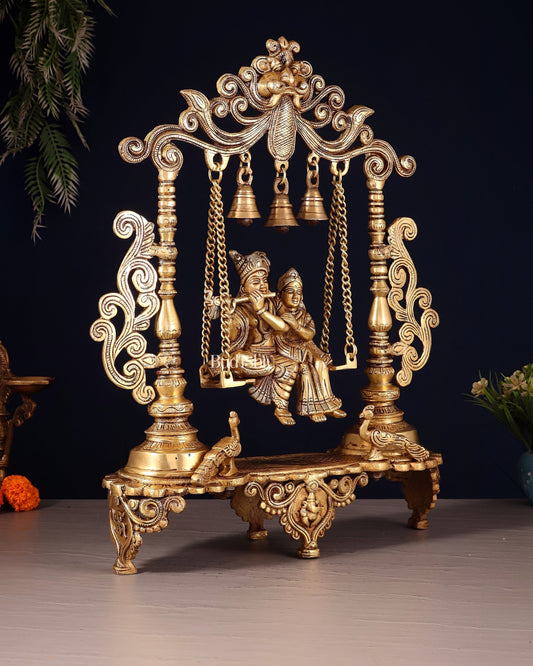 Pure Brass Radha Krishna on Swing with Twin Peacocks – Antique Finish 20" - Budhshiv.com