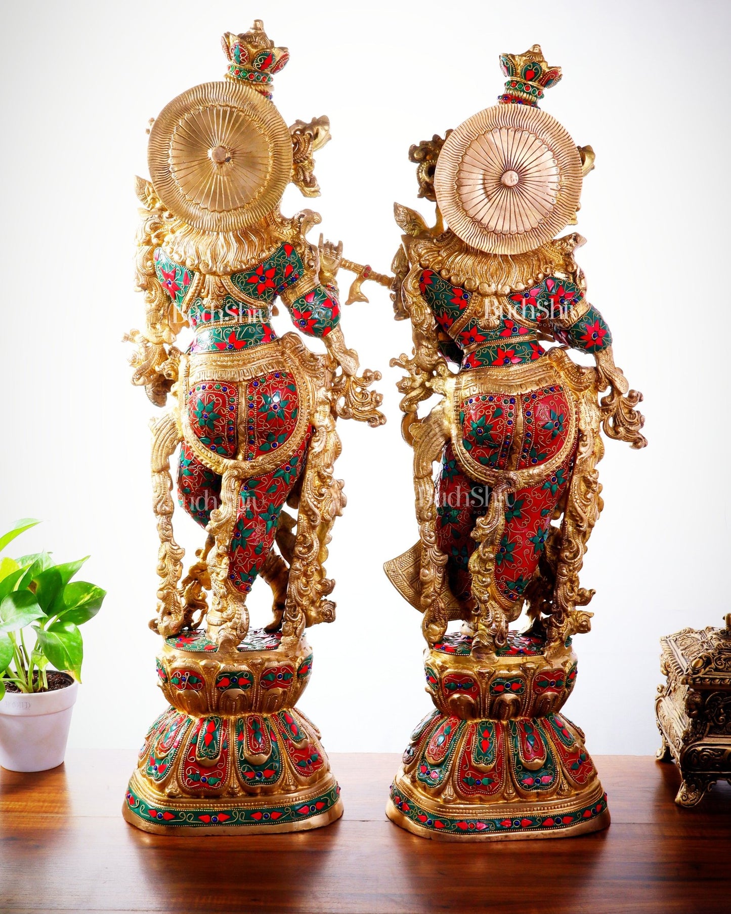 Pure Brass Radha Krishna Statue | 30" Floral stonework - Budhshiv.com