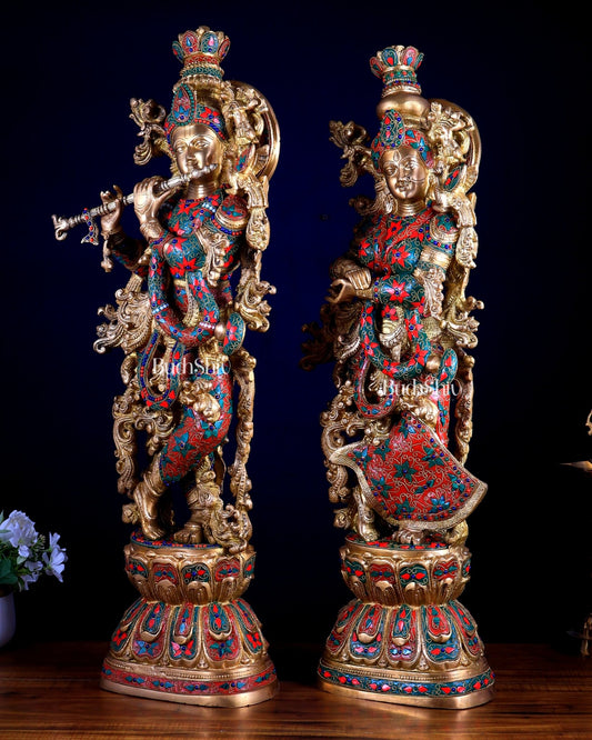 Pure Brass Radha Krishna Statue | 30" Floral stonework - Budhshiv.com
