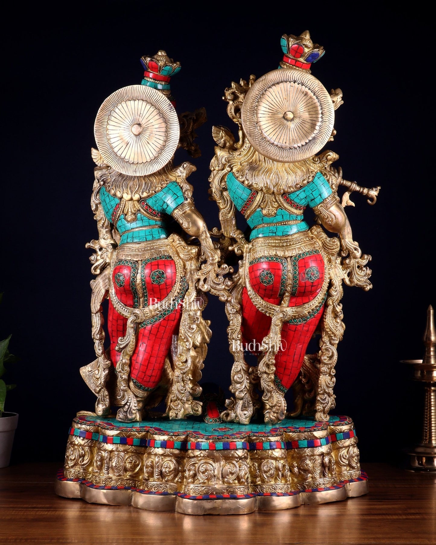Pure Brass Radha Krishna statue meenakari Stonework– 29" - Budhshiv.com