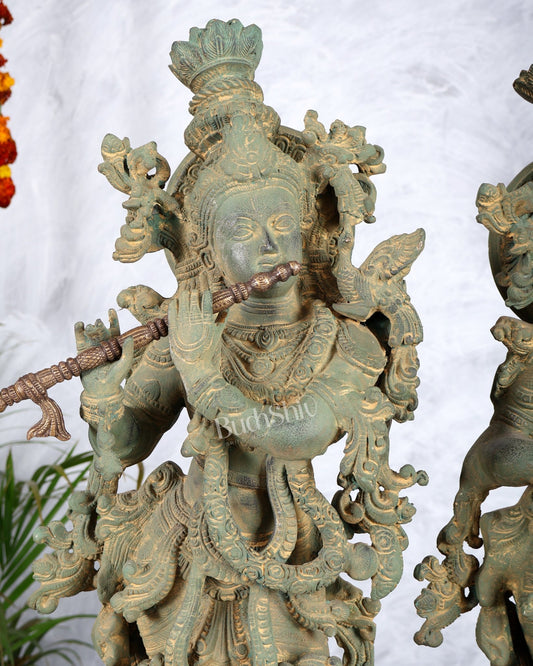 Pure Brass Radha Krishna Statue with Vintage Rustic Green Patina Finish 30 inch - Budhshiv.com