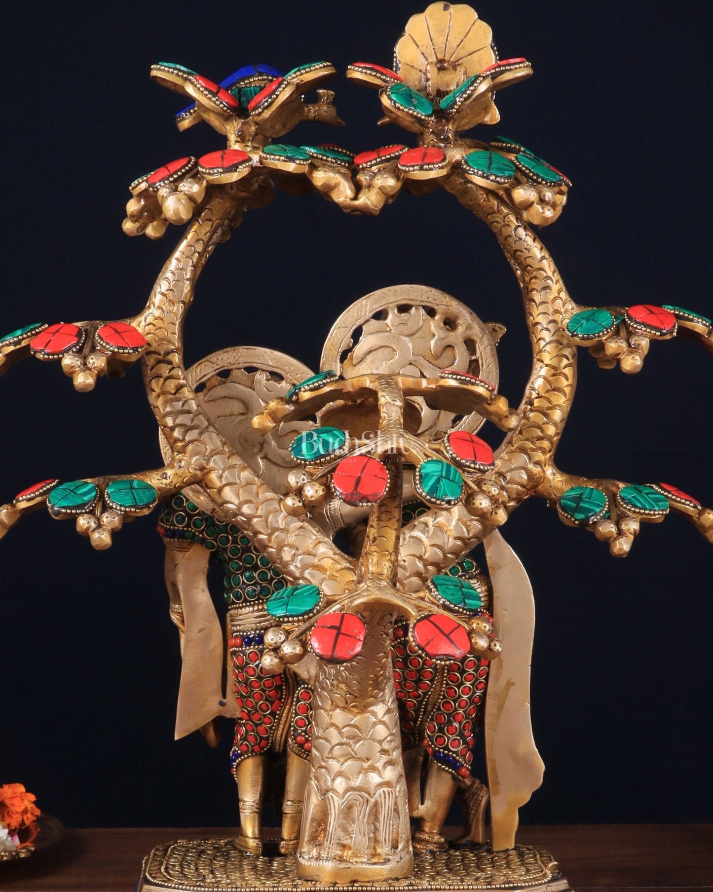 Pure Brass Radha Krishna Under Tree Statue with Stonework 16" - Budhshiv.com