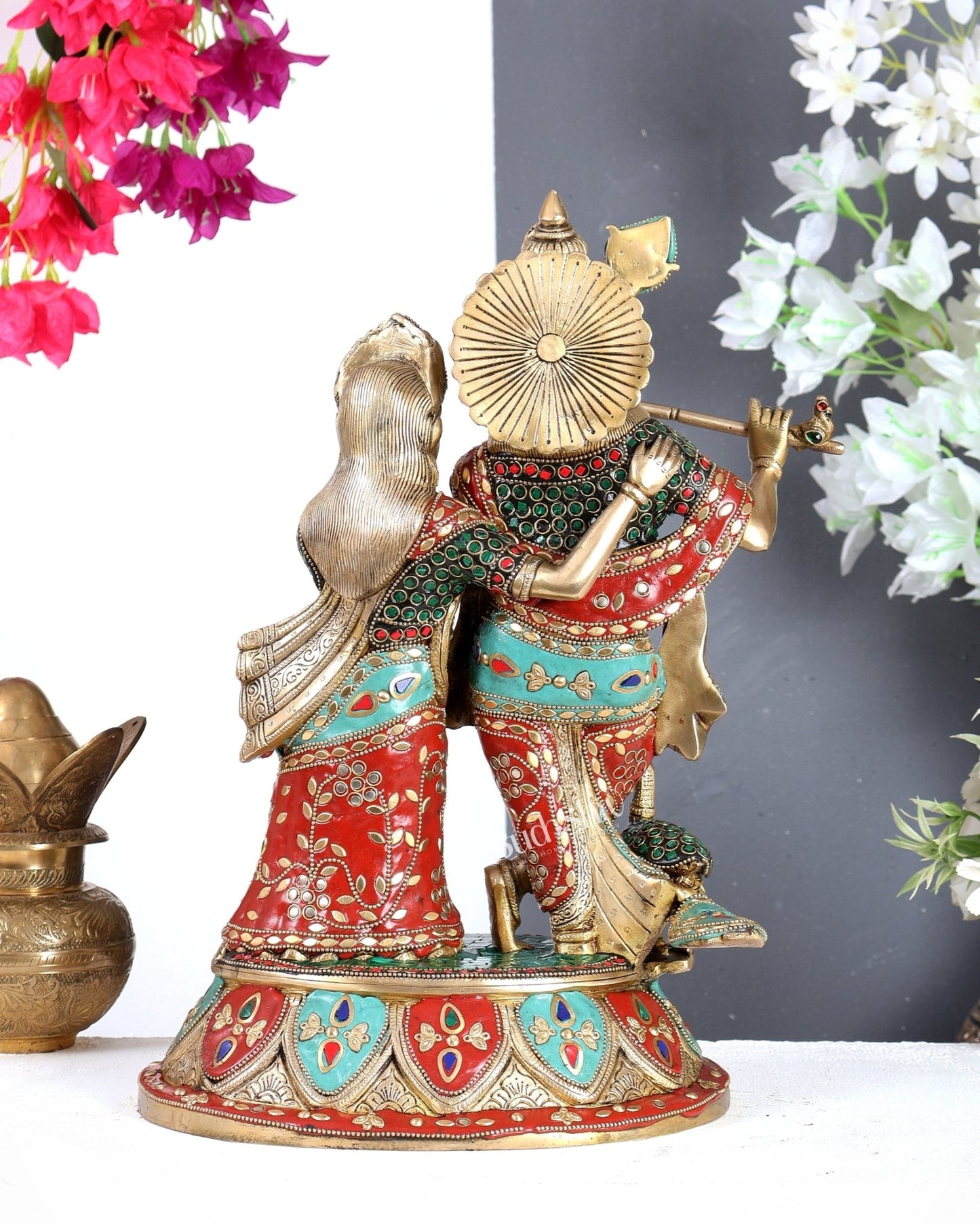 Pure Brass Radha Krishna with Peacock Idol - 16 inch with meenakari Stonework - Budhshiv.com