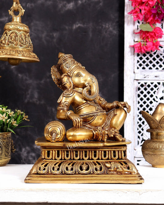 Pure Brass Resting Ganesha Statue 12 inch enhanced carvings - Budhshiv.com
