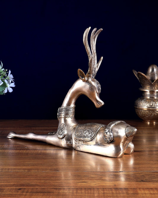 Pure Brass Resting Reindeer with Stretched Legs – Elegant Home Décor Accent - Budhshiv.com