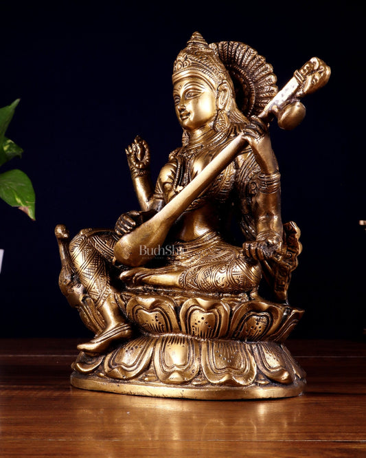 Pure Brass Saraswati with Swan Statue – 9 Inch - Budhshiv.com